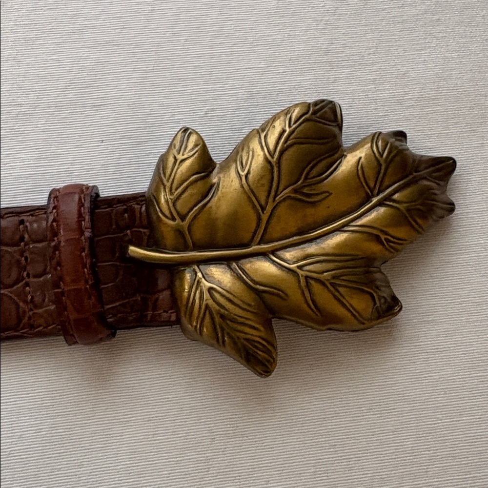 Talbots Brown Leather Belt with Gold Leaf Accent - large